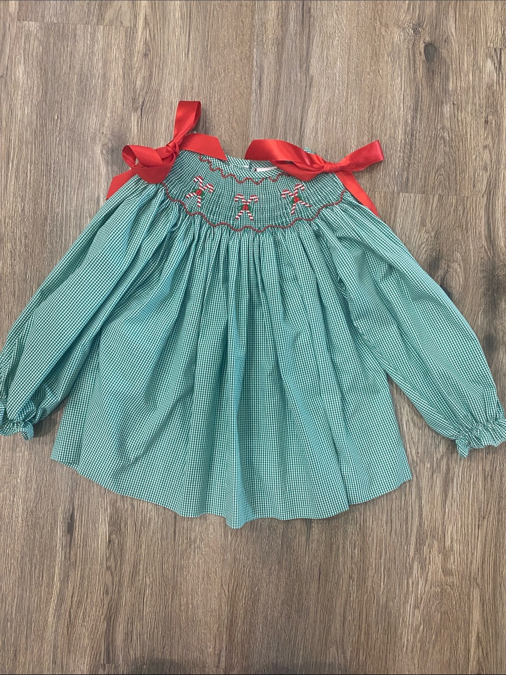 Smocked Green Check Girls' Long-Sleeve Top with Red Ribbon